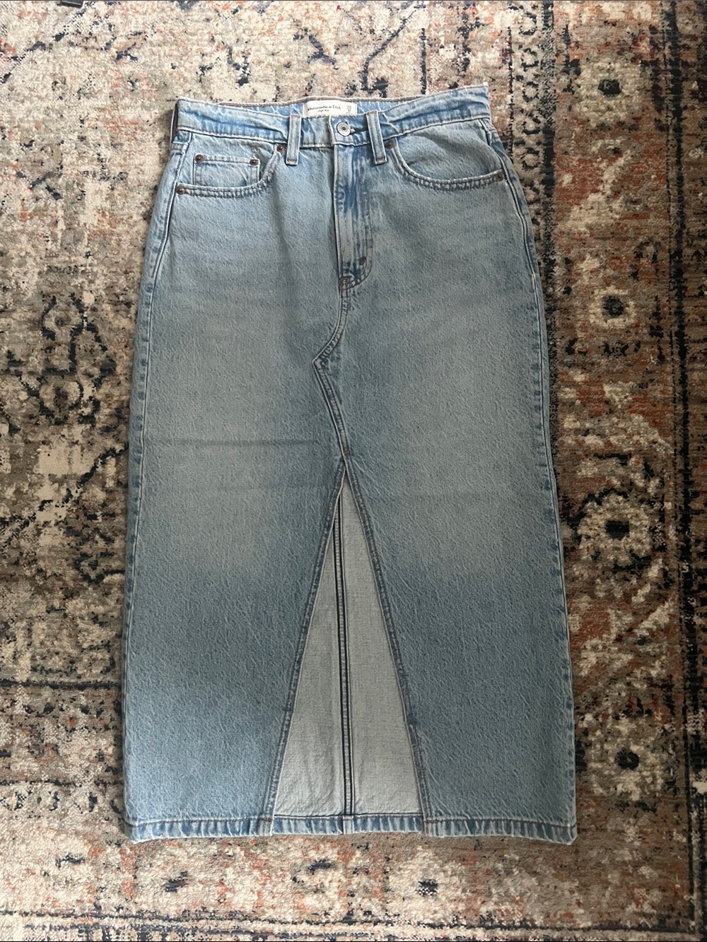 Abercrombie & Fitch Light Blue Denim Midi Skirt with Front Vent